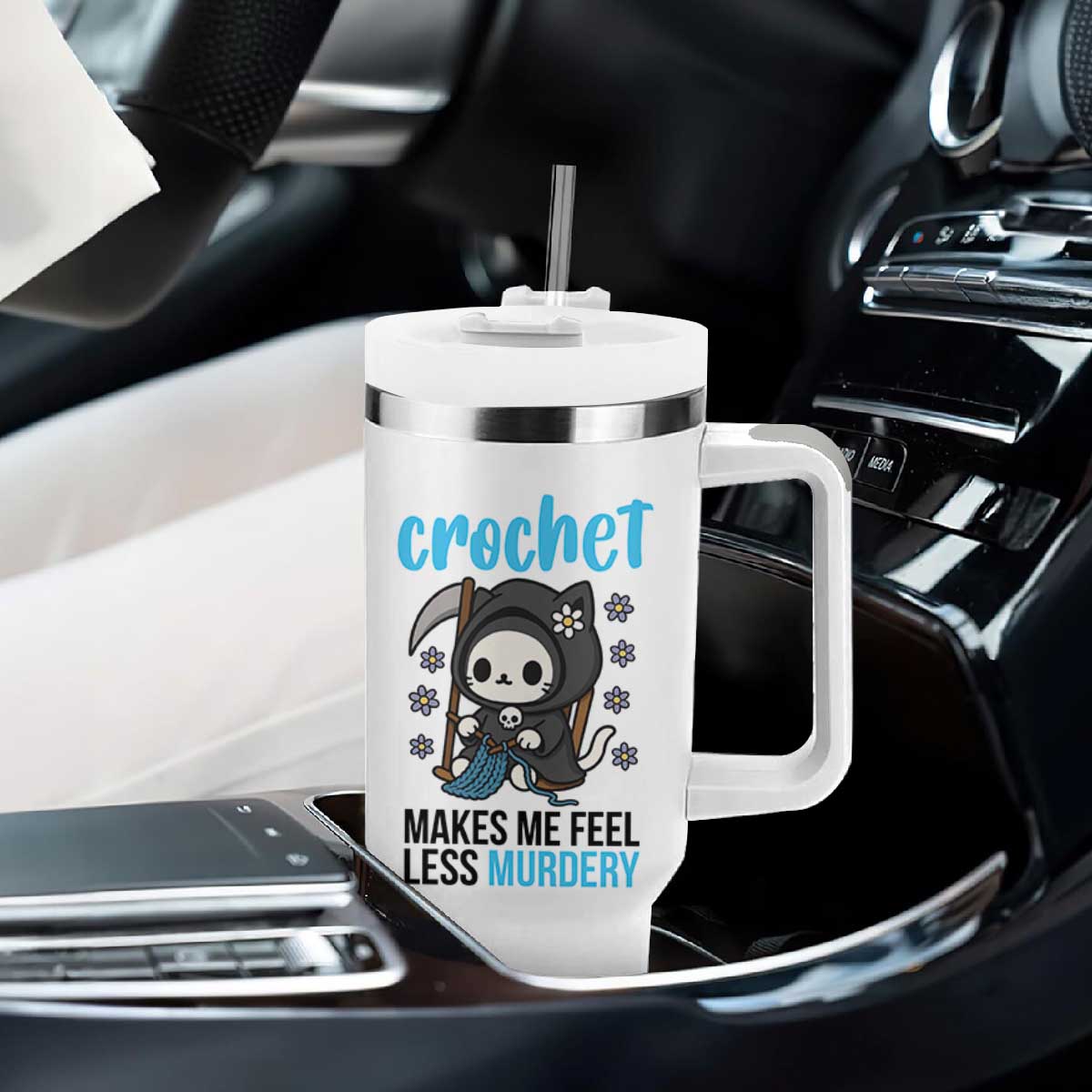 Crochet Makes Me Feel Less Murdery Tumbler With Handle Grim Reaper Cat Gift TS12 Print Your Wear