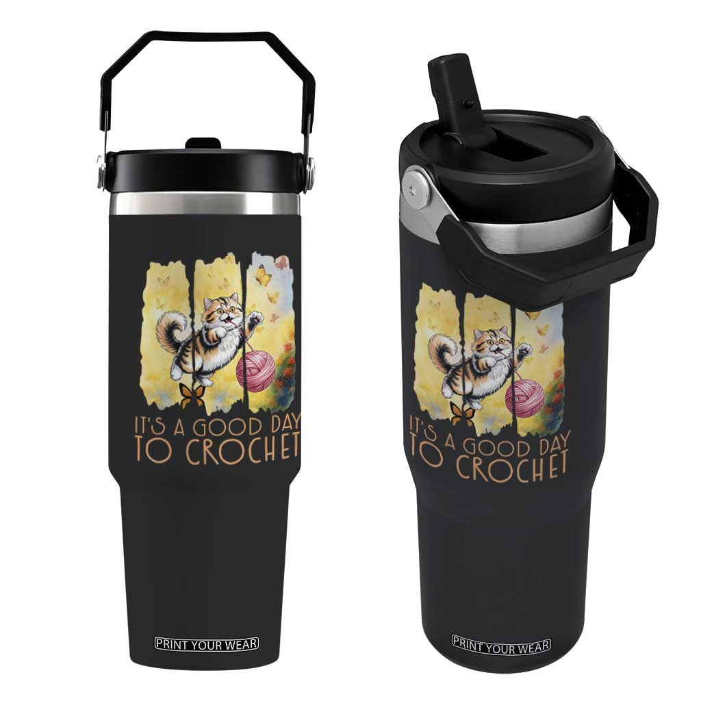 Its A Good Day To Crochet Flip Straw Tumbler Cute Cat Chasing Yarn TS12 One Size: 30 oz Black Print Your Wear