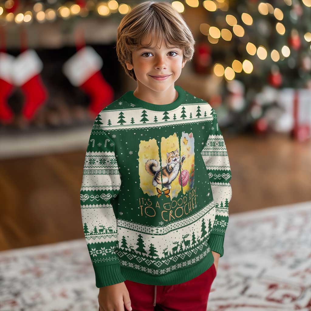 Its A Good Day To Crochet Ugly Christmas Sweater Cute Cat Chasing Yarn TS12 Forest Green Beige Print Your Wear