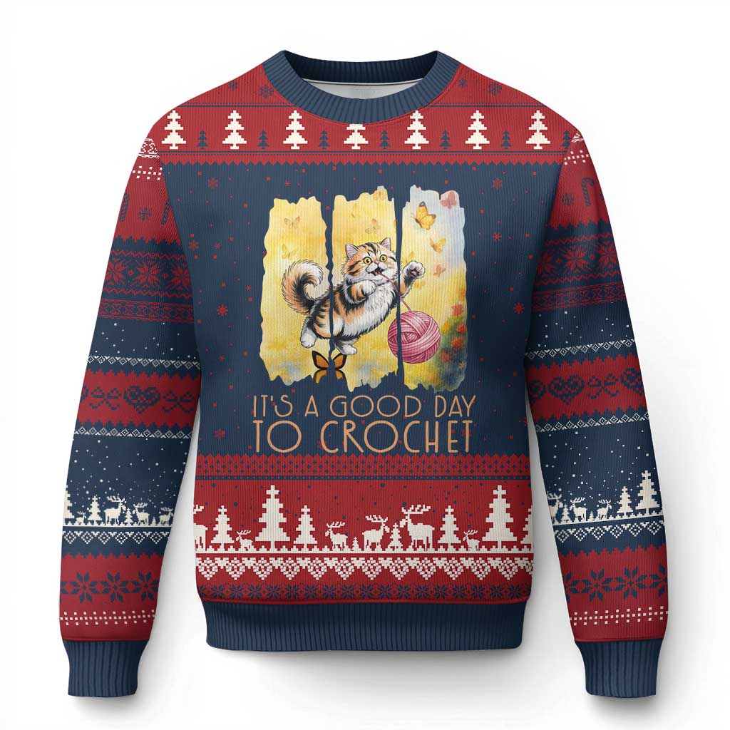 Its A Good Day To Crochet Ugly Christmas Sweater Cute Cat Chasing Yarn TS12 Navy Red Print Your Wear