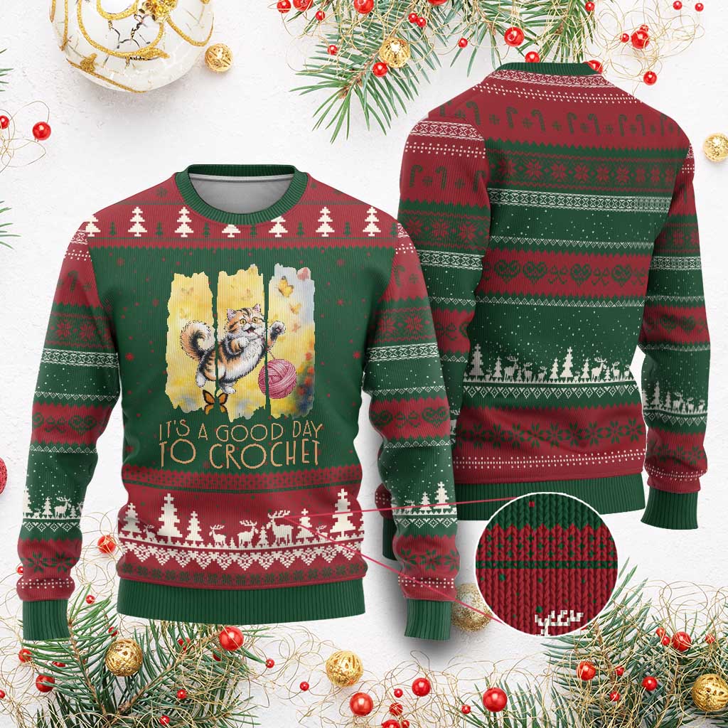 Its A Good Day To Crochet Ugly Christmas Sweater Cute Cat Chasing Yarn TS12 Red Green Print Your Wear