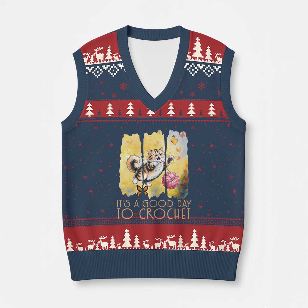 Its A Good Day To Crochet V-Neck Knit Sweater Vest Cute Cat Chasing Yarn TS12 Navy Red Print Your Wear