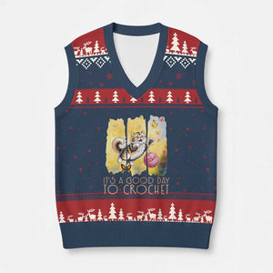 Its A Good Day To Crochet V-Neck Knit Sweater Vest Cute Cat Chasing Yarn TS12 Navy Red Print Your Wear