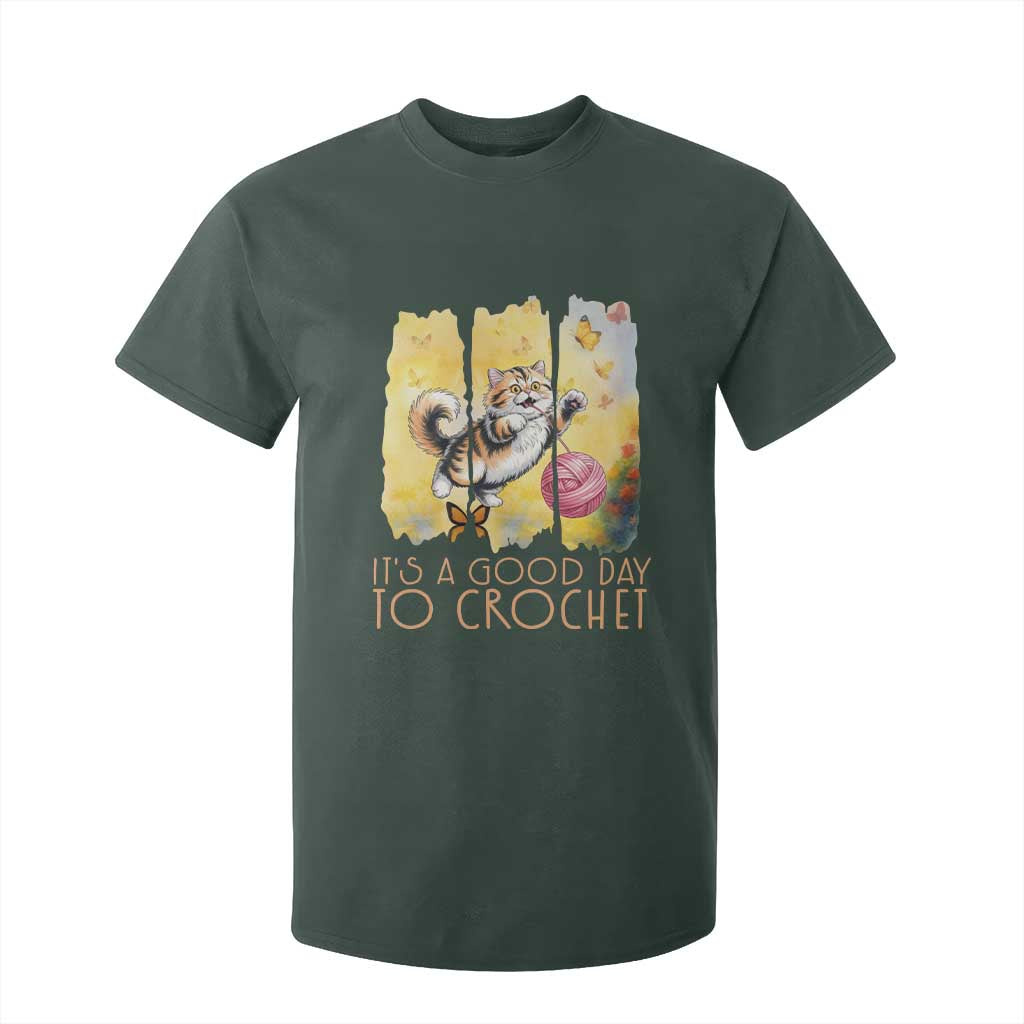 Its A Good Day To Crochet T Shirt For Kid Cute Cat Chasing Yarn TS12 Dark Forest Green Print Your Wear