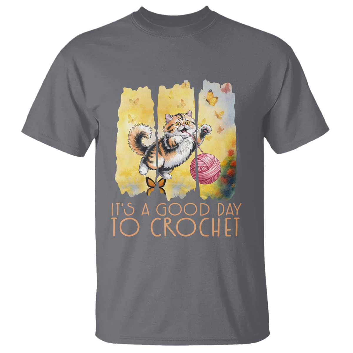 Its A Good Day To Crochet T Shirt Cute Cat Chasing Yarn TS12 Charcoal Print Your Wear