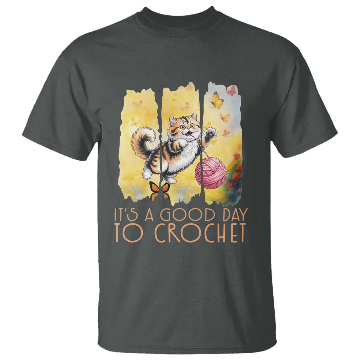 Its A Good Day To Crochet T Shirt Cute Cat Chasing Yarn TS12 Dark Heather Print Your Wear