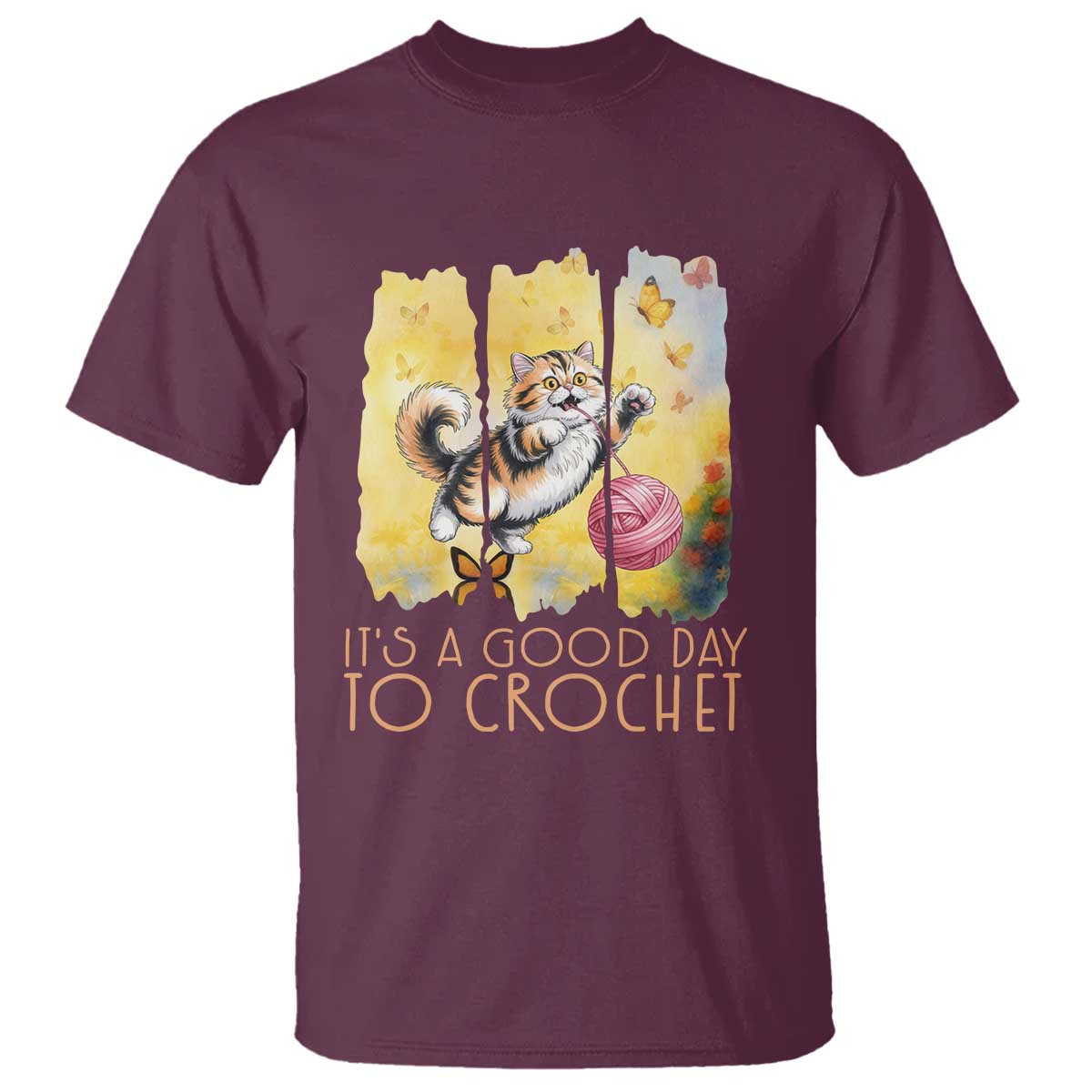 Its A Good Day To Crochet T Shirt Cute Cat Chasing Yarn TS12 Maroon Print Your Wear