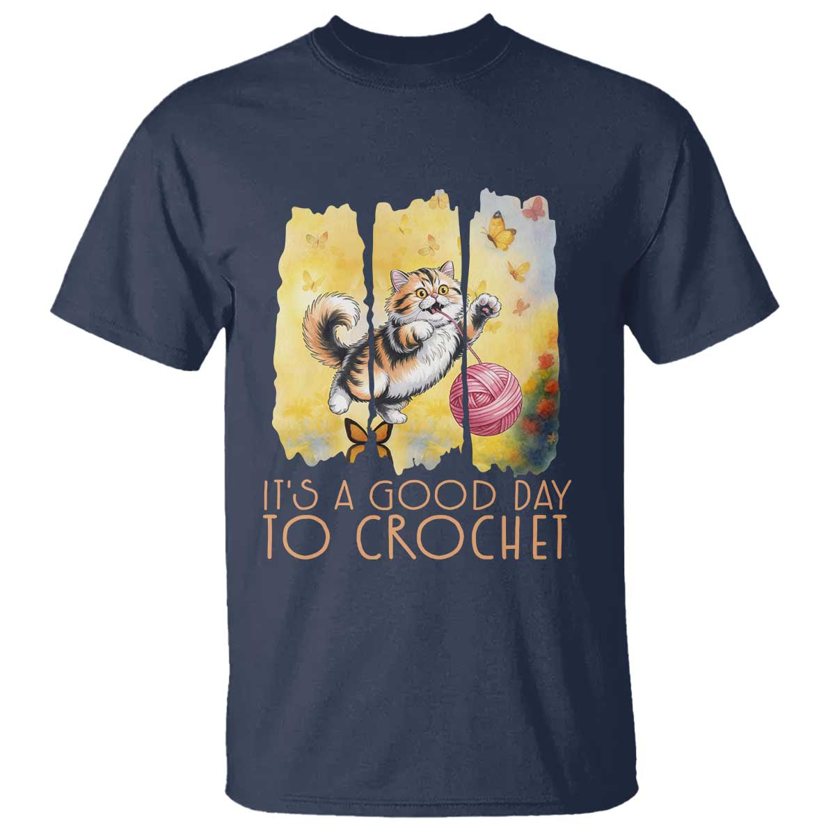 Its A Good Day To Crochet T Shirt Cute Cat Chasing Yarn TS12 Navy Print Your Wear
