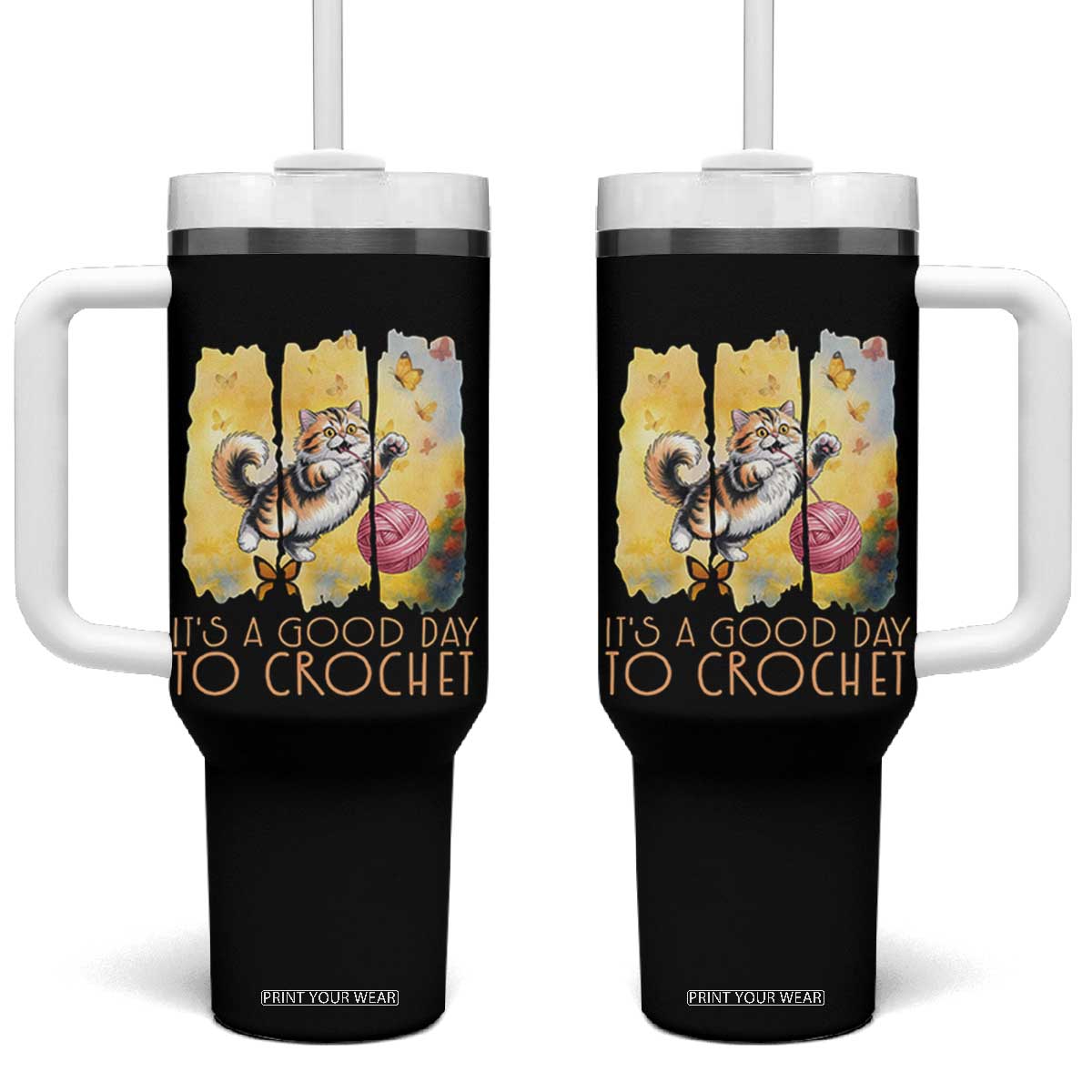 Its A Good Day To Crochet Tumbler With Handle Cute Cat Chasing Yarn TS12 One Size: 40 oz Black Print Your Wear