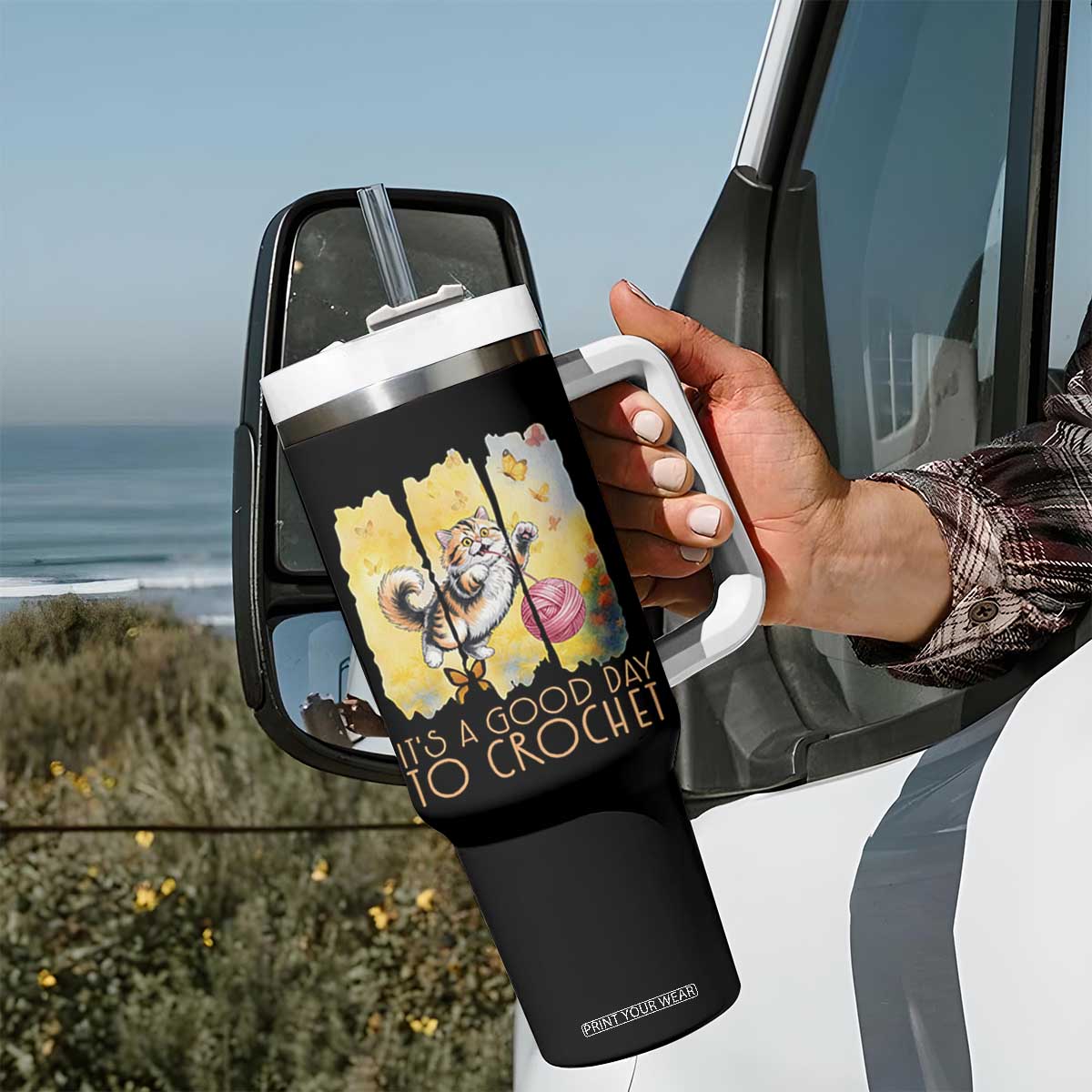 Its A Good Day To Crochet Tumbler With Handle Cute Cat Chasing Yarn TS12 Print Your Wear