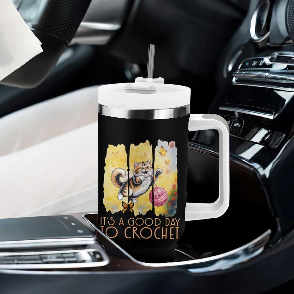 Its A Good Day To Crochet Tumbler With Handle Cute Cat Chasing Yarn TS12 Print Your Wear