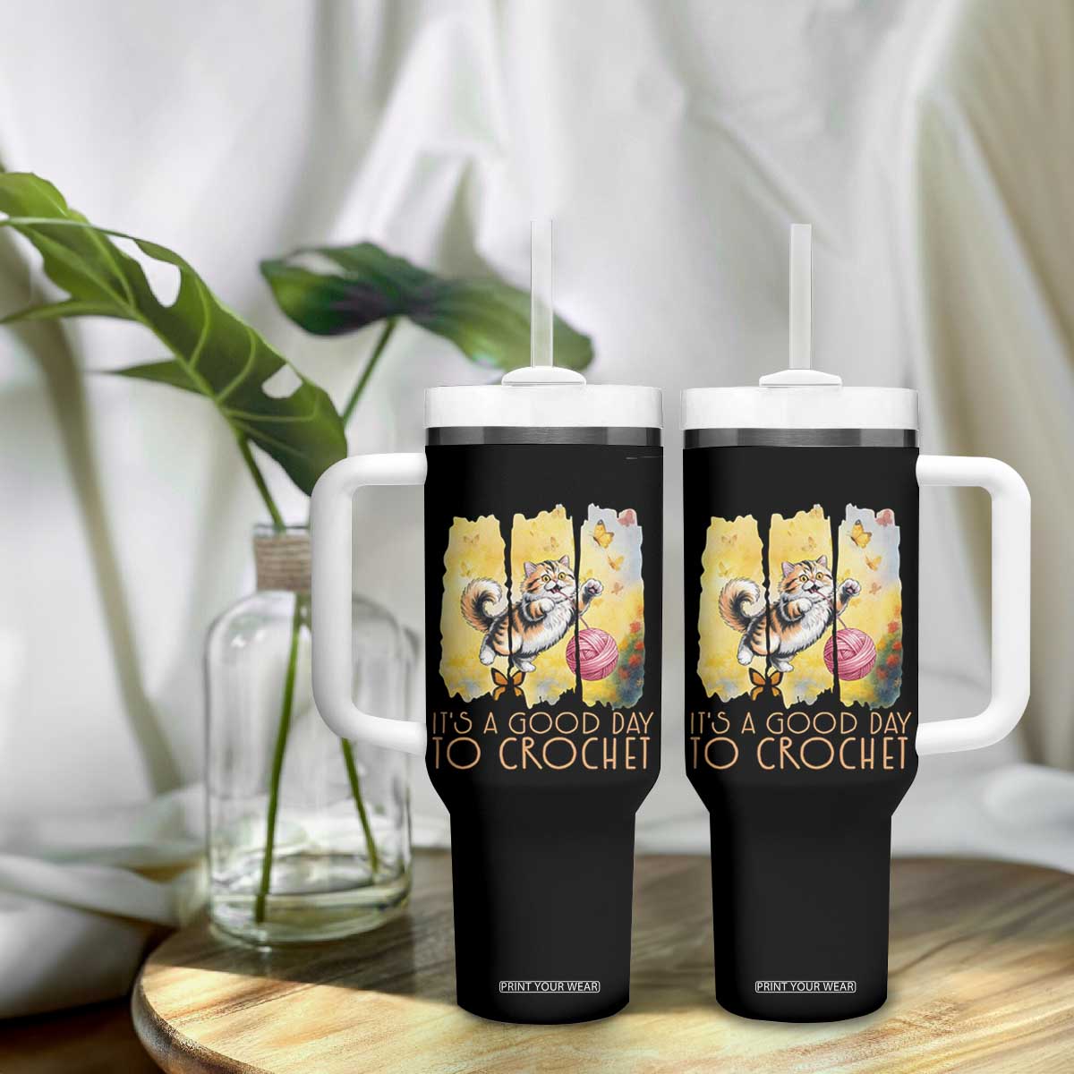 Its A Good Day To Crochet Tumbler With Handle Cute Cat Chasing Yarn TS12 Print Your Wear