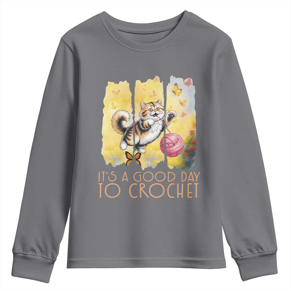 Its A Good Day To Crochet Youth Sweatshirt Cute Cat Chasing Yarn TS12 Charcoal Print Your Wear
