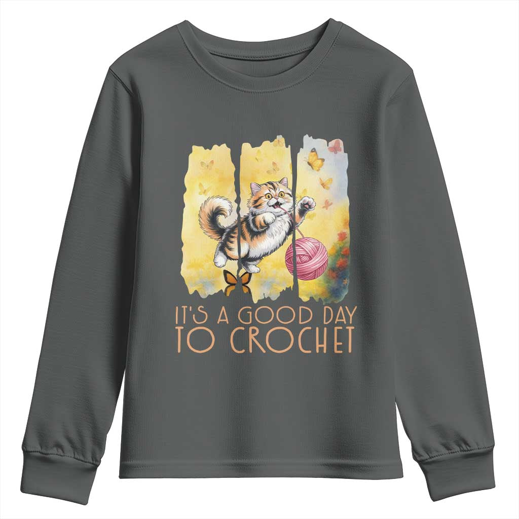 Its A Good Day To Crochet Youth Sweatshirt Cute Cat Chasing Yarn TS12 Dark Heather Print Your Wear