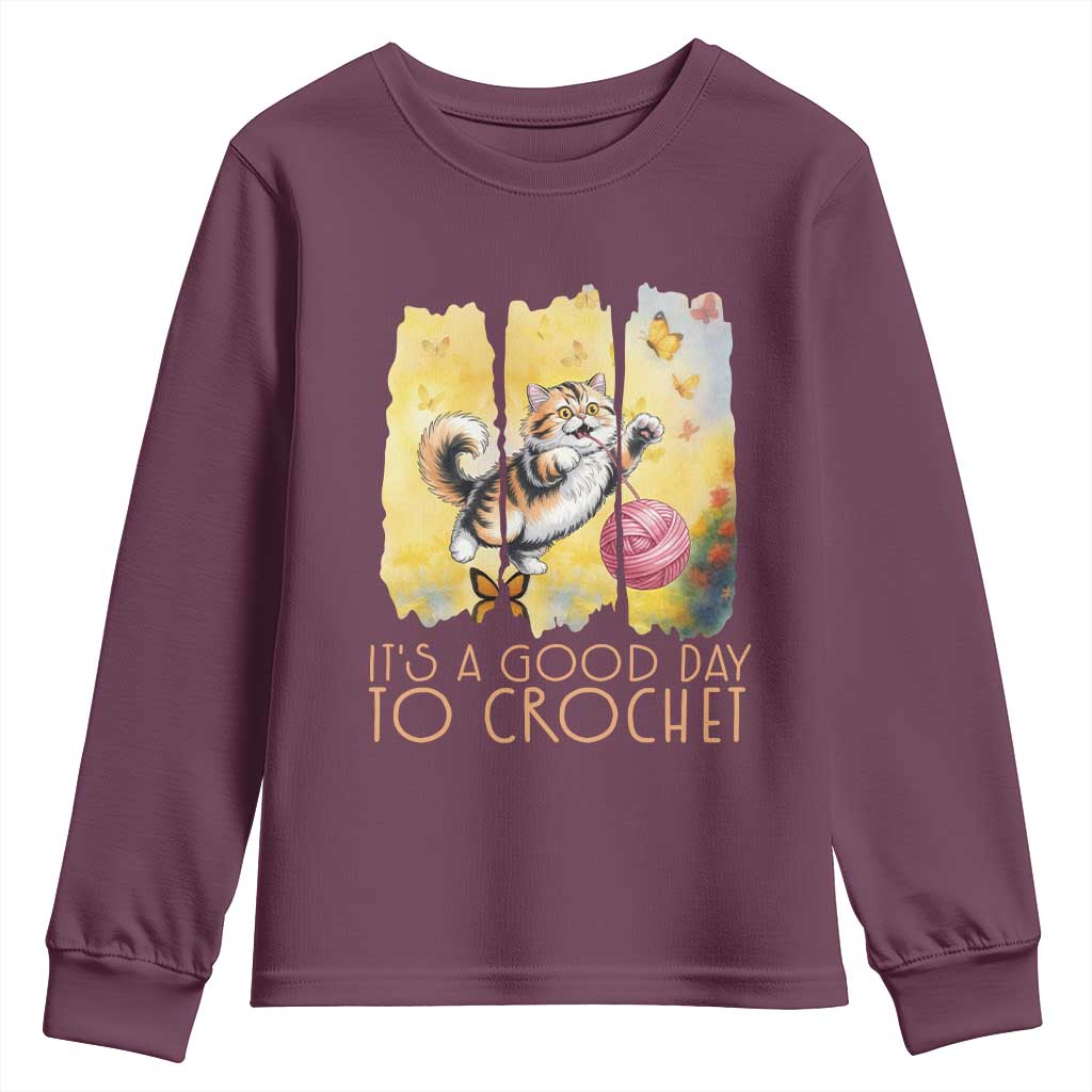 Its A Good Day To Crochet Youth Sweatshirt Cute Cat Chasing Yarn TS12 Maroon Print Your Wear