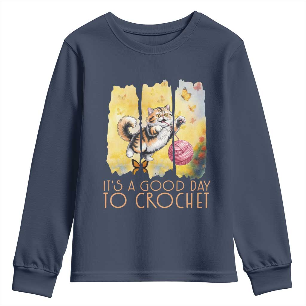 Its A Good Day To Crochet Youth Sweatshirt Cute Cat Chasing Yarn TS12 Navy Print Your Wear