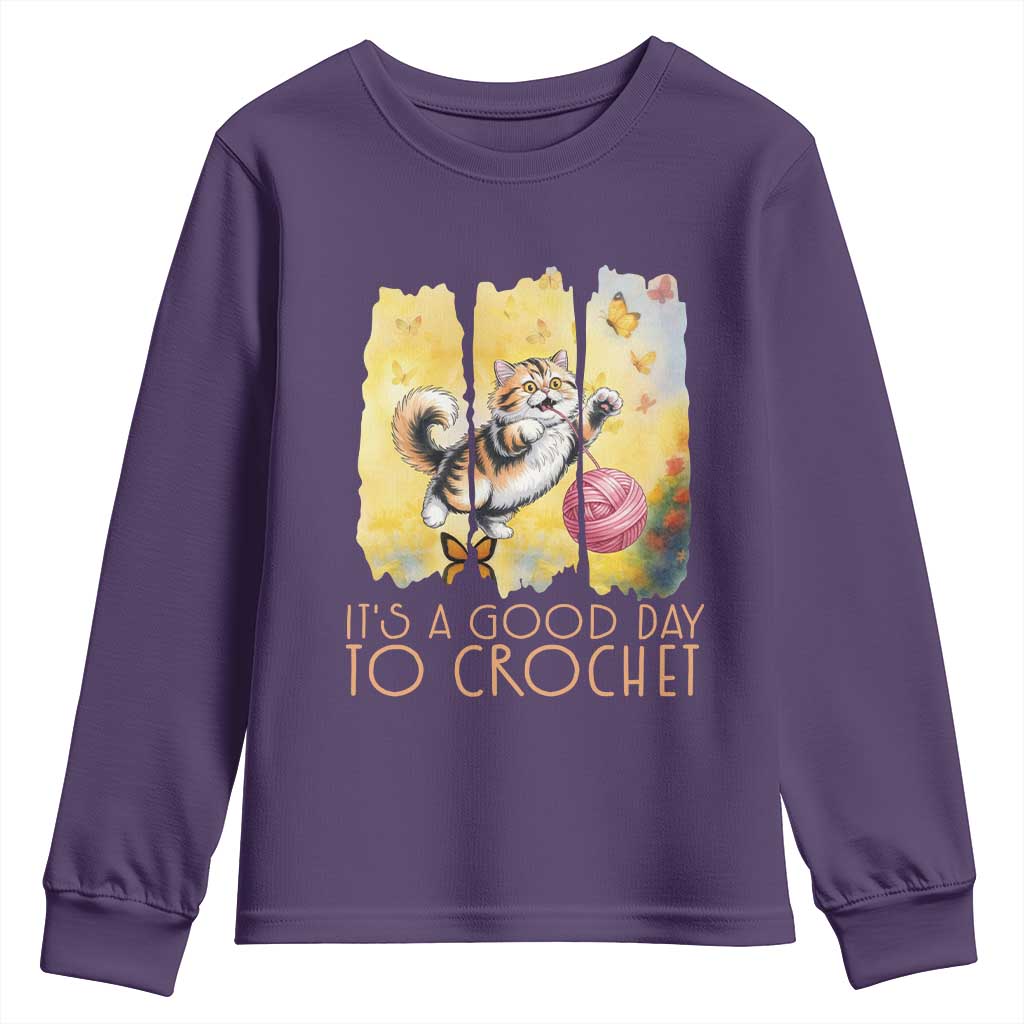 Its A Good Day To Crochet Youth Sweatshirt Cute Cat Chasing Yarn TS12 Purple Print Your Wear