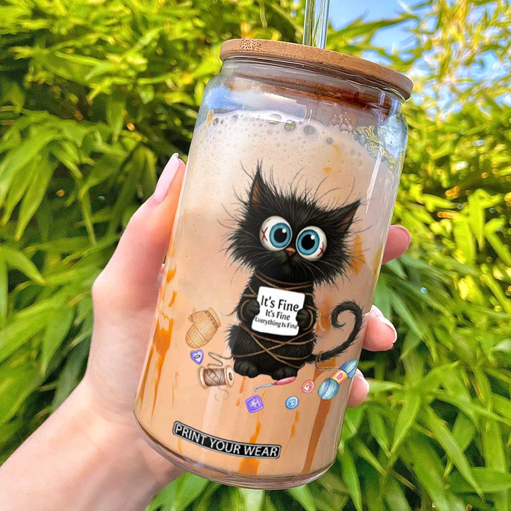 Funny Cat Crochet Lover Glass Can Its Fine I am Fine Everything Is Fine TS12 White Print Your Wear