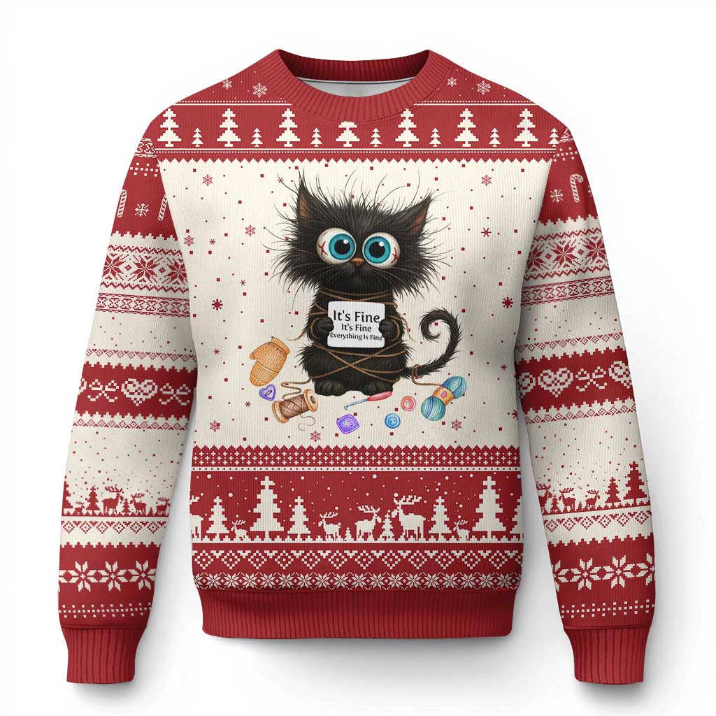 Funny Cat Crochet Lover Ugly Christmas Sweater Its Fine I am Fine Everything Is Fine TS12 Beige Red Print Your Wear