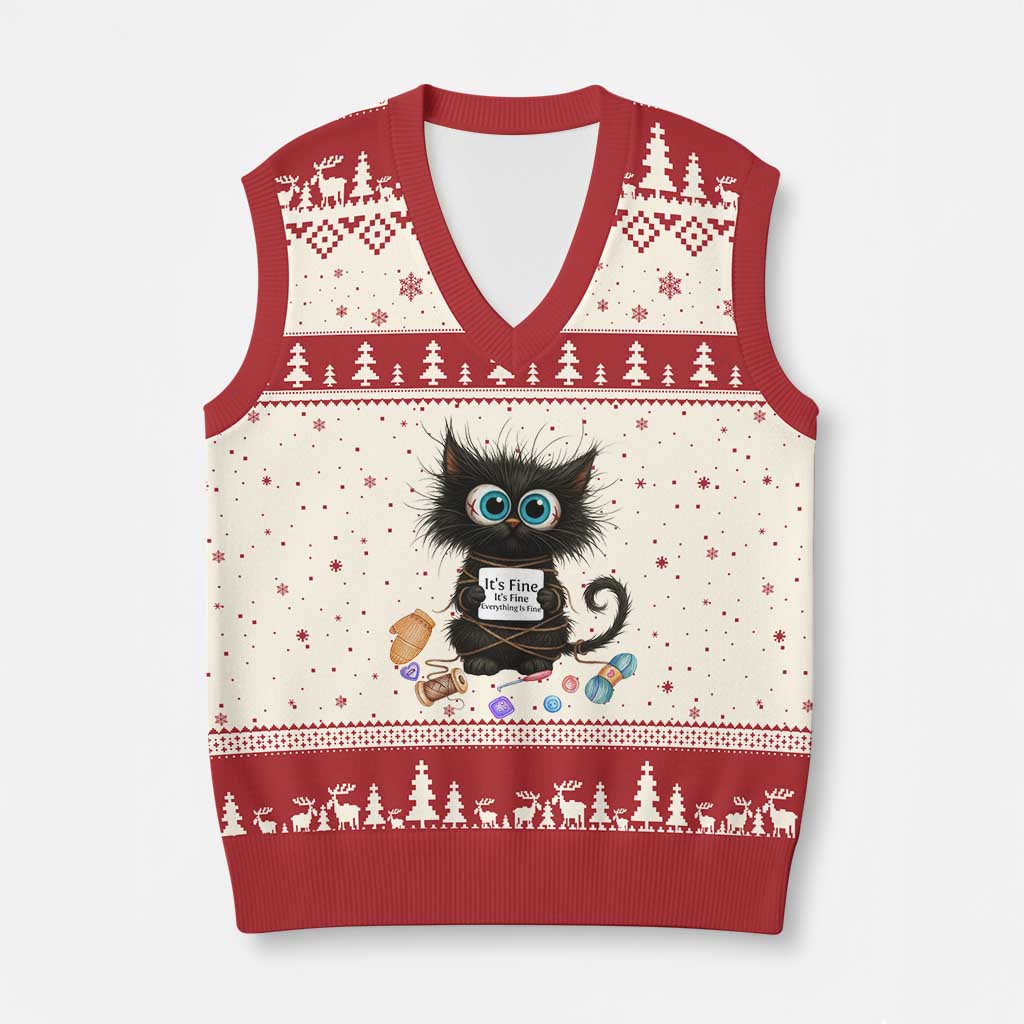 Funny Cat Crochet Lover V-Neck Knit Sweater Vest Its Fine I am Fine Everything Is Fine TS12 Beige Red Print Your Wear