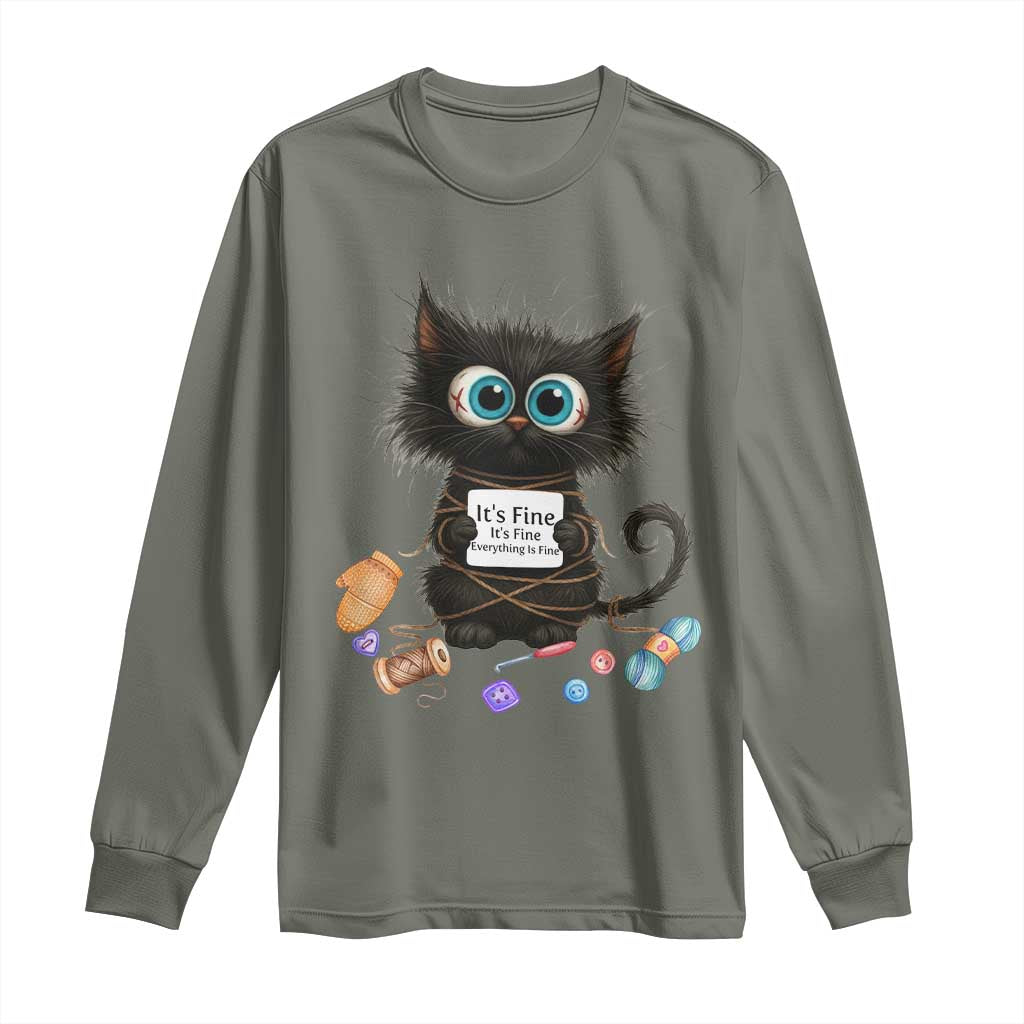 Funny Cat Crochet Lover Long Sleeve Shirt Its Fine I am Fine Everything Is Fine TS12 Military Green Print Your Wear