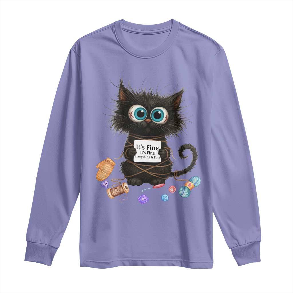 Funny Cat Crochet Lover Long Sleeve Shirt Its Fine I am Fine Everything Is Fine TS12 Violet Print Your Wear