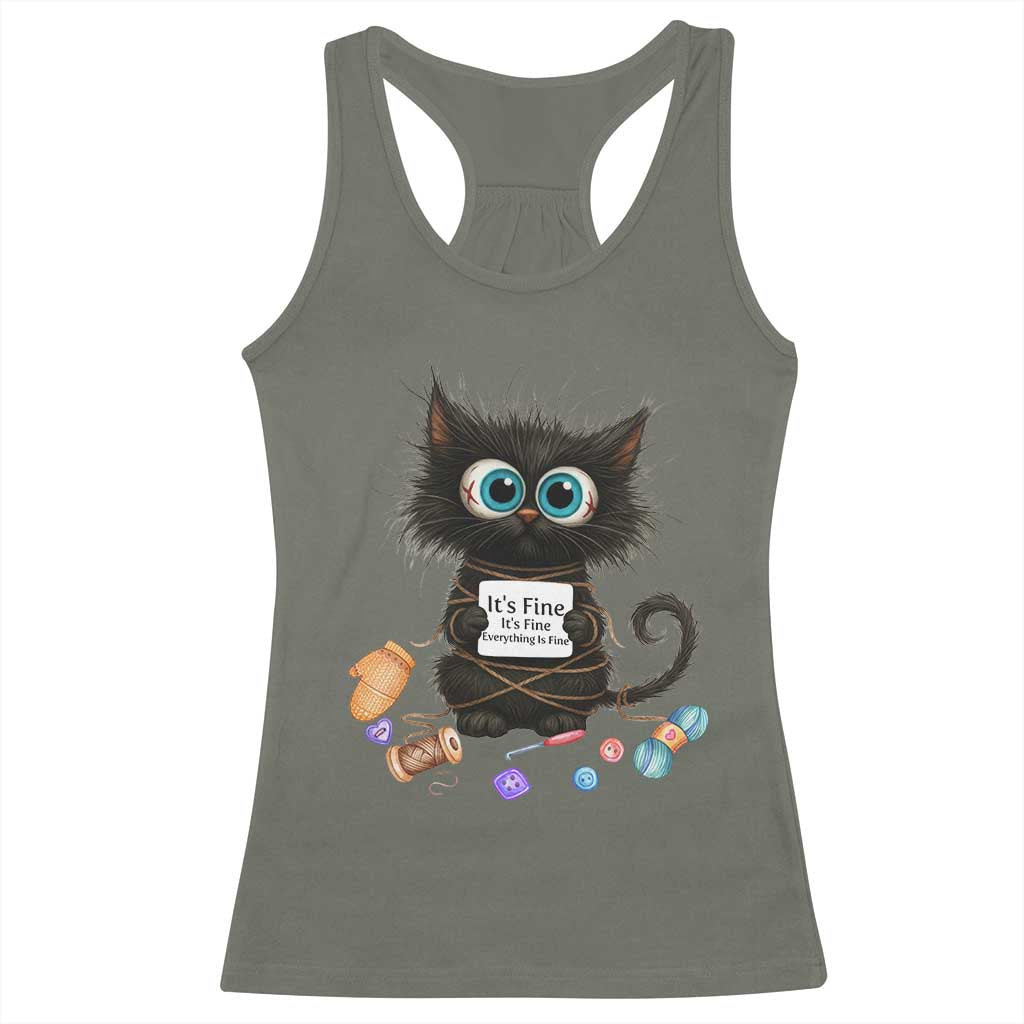 Funny Cat Crochet Lover Racerback Tank Top Its Fine I am Fine Everything Is Fine TS12 Military Green Print Your Wear