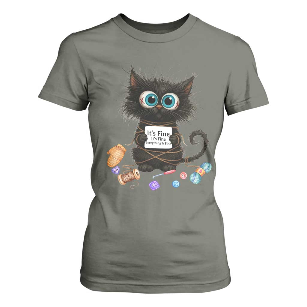 Funny Cat Crochet Lover T Shirt For Women Its Fine I am Fine Everything Is Fine TS12 Military Green Print Your Wear