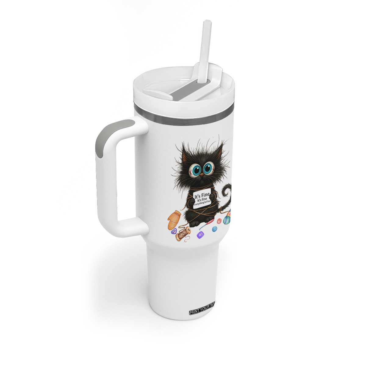 Funny Cat Crochet Lover Tumbler With Handle Its Fine I am Fine Everything Is Fine TS12 Print Your Wear