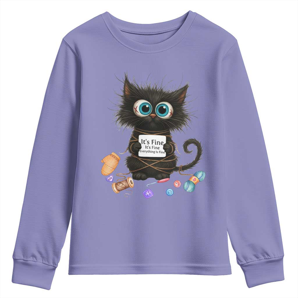Funny Cat Crochet Lover Youth Sweatshirt Its Fine I am Fine Everything Is Fine TS12 Violet Print Your Wear