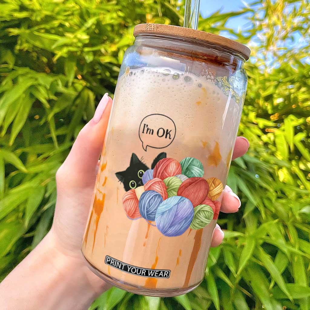 Im OK Glass Can Cat Tangled In Yarn Funny Crochet Gift TS12 White Print Your Wear