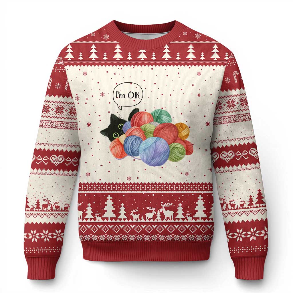 Im OK Ugly Christmas Sweater Cat Tangled In Yarn Funny Crochet Gift TS12 Beige Red Print Your Wear