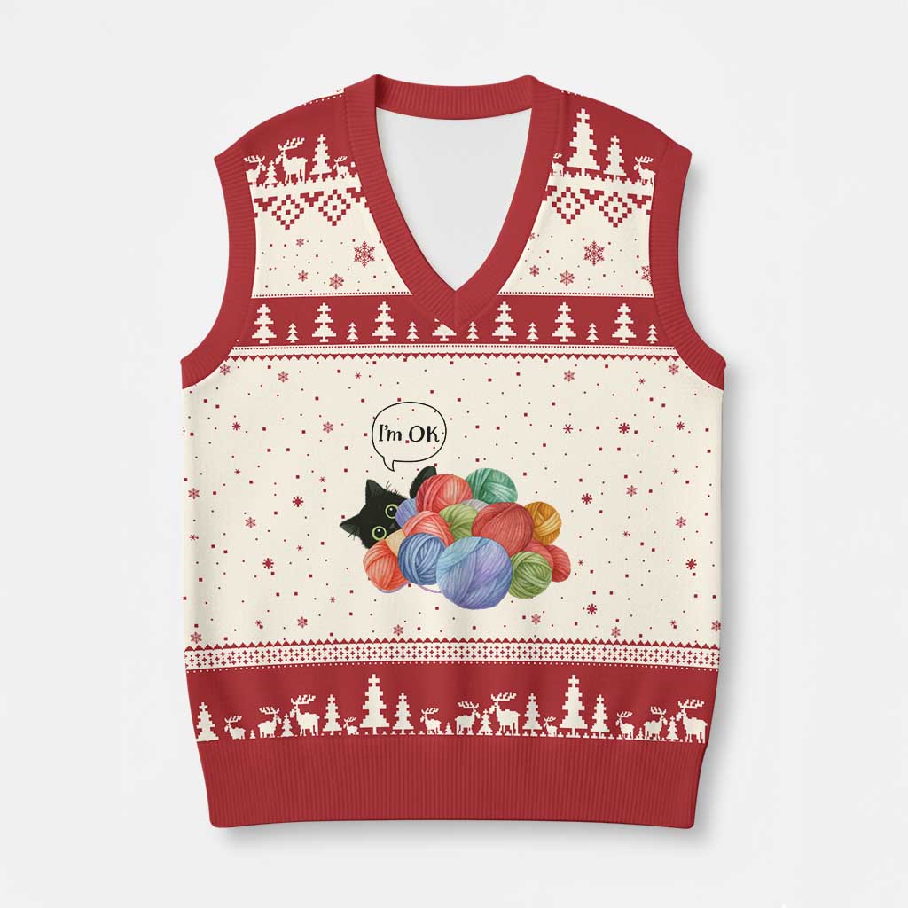 Im OK V-Neck Knit Sweater Vest Cat Tangled In Yarn Funny Crochet Gift TS12 Beige Red Print Your Wear