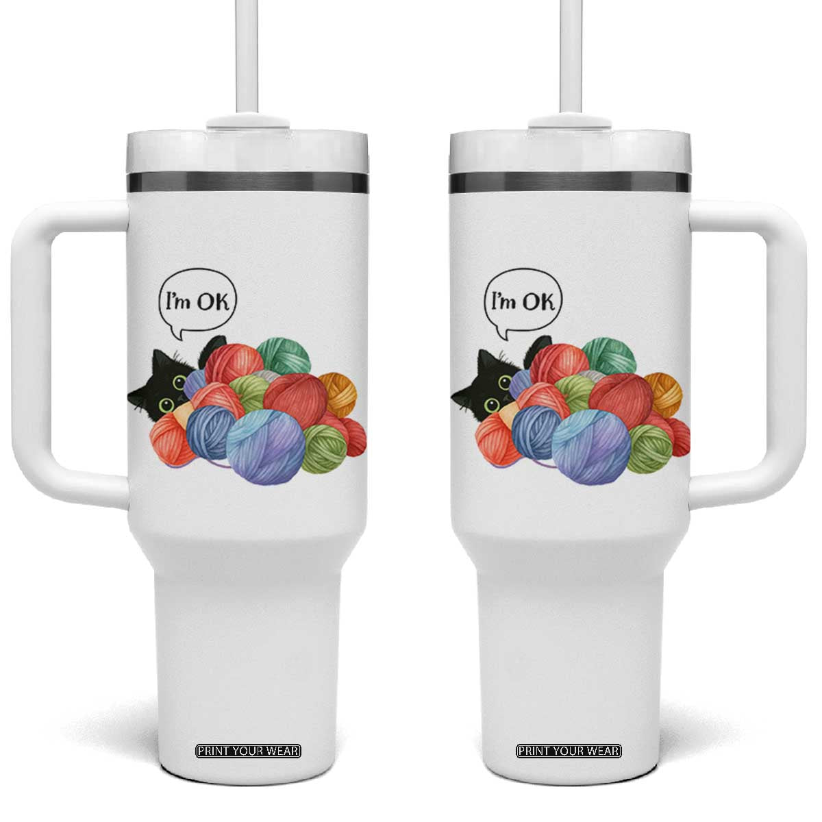 Im OK Tumbler With Handle Cat Tangled In Yarn Funny Crochet Gift TS12 One Size: 40 oz White Print Your Wear