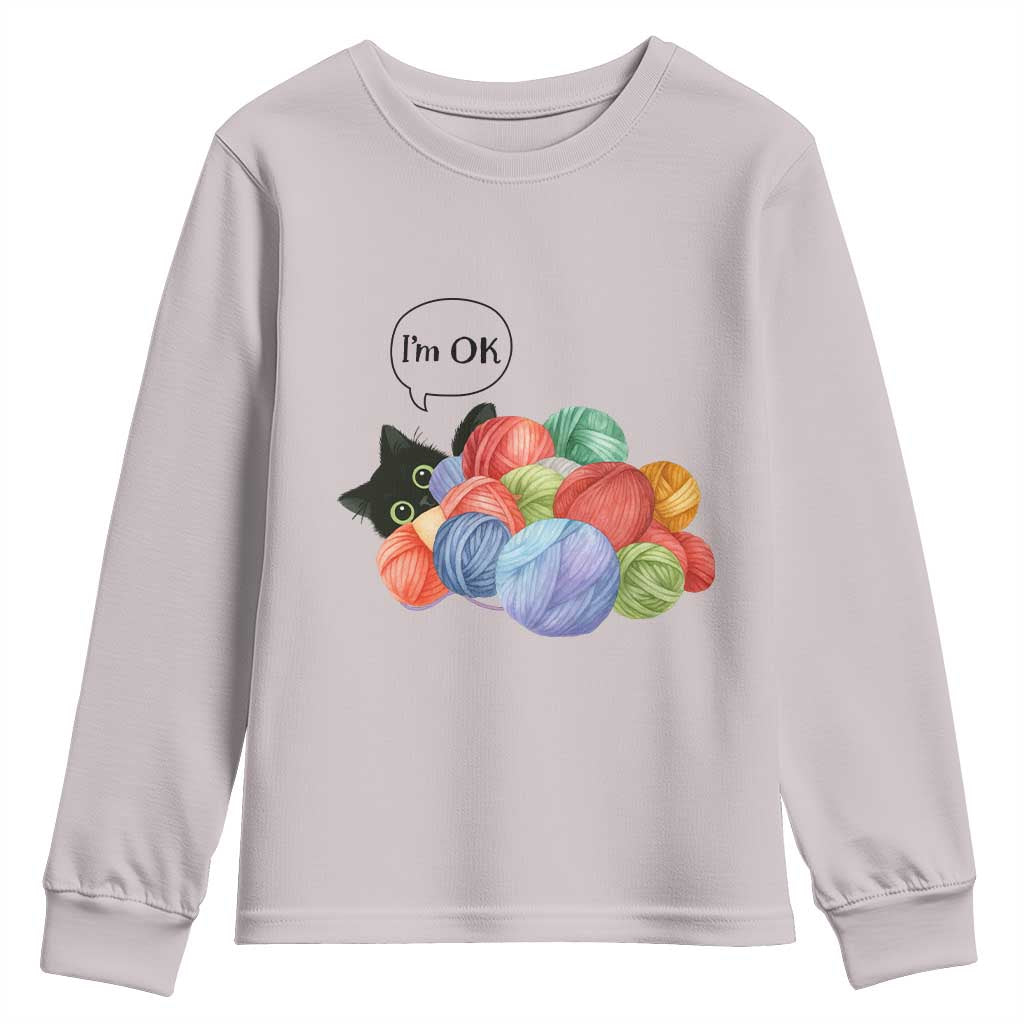 Im OK Youth Sweatshirt Cat Tangled In Yarn Funny Crochet Gift TS12 Ice Gray Print Your Wear