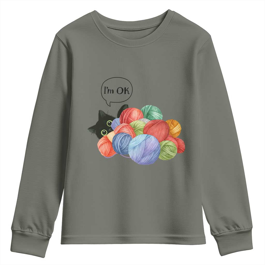 Im OK Youth Sweatshirt Cat Tangled In Yarn Funny Crochet Gift TS12 Military Green Print Your Wear