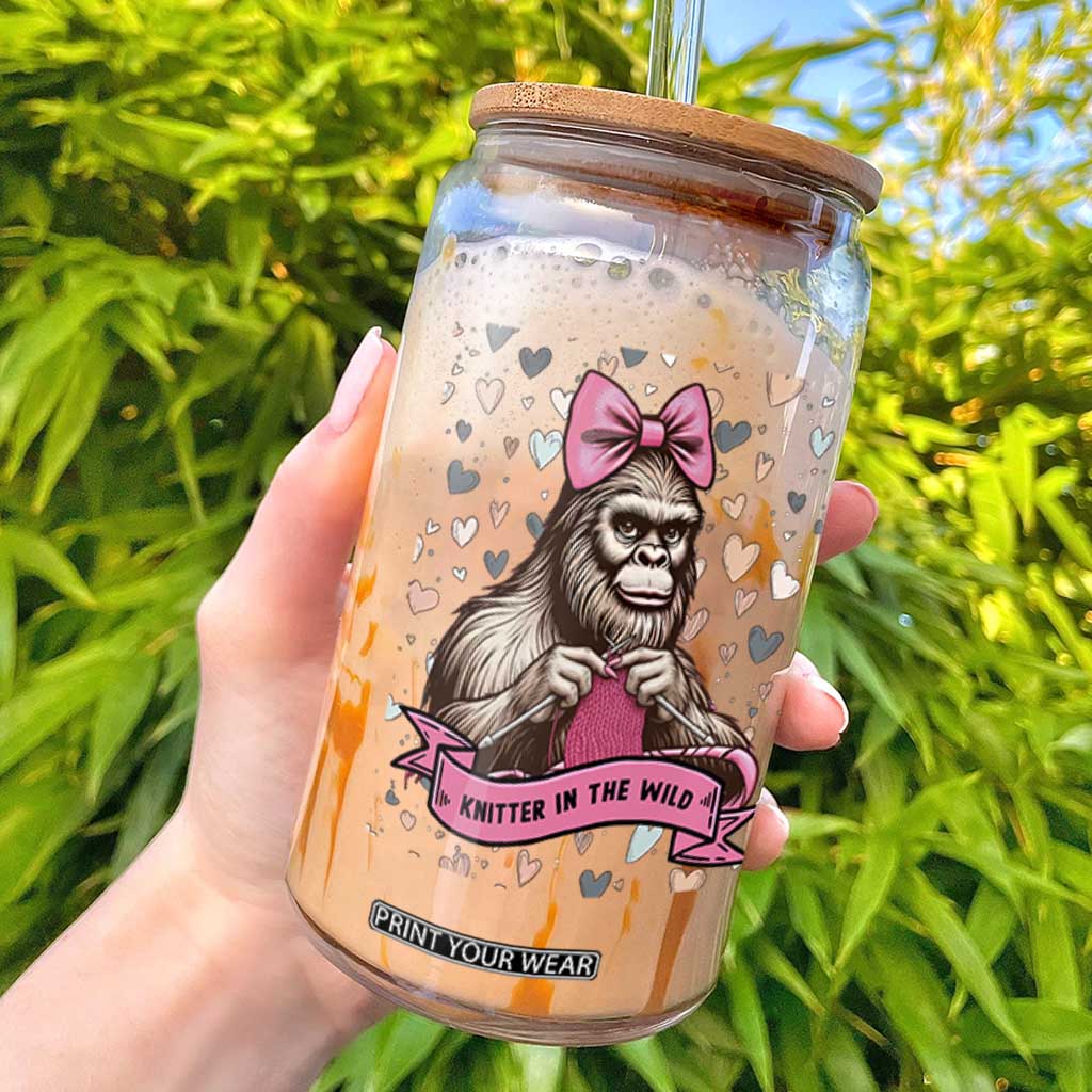 Funny Bigfoot Knitting Glass Can Knitter In The Wild TS12 White Print Your Wear