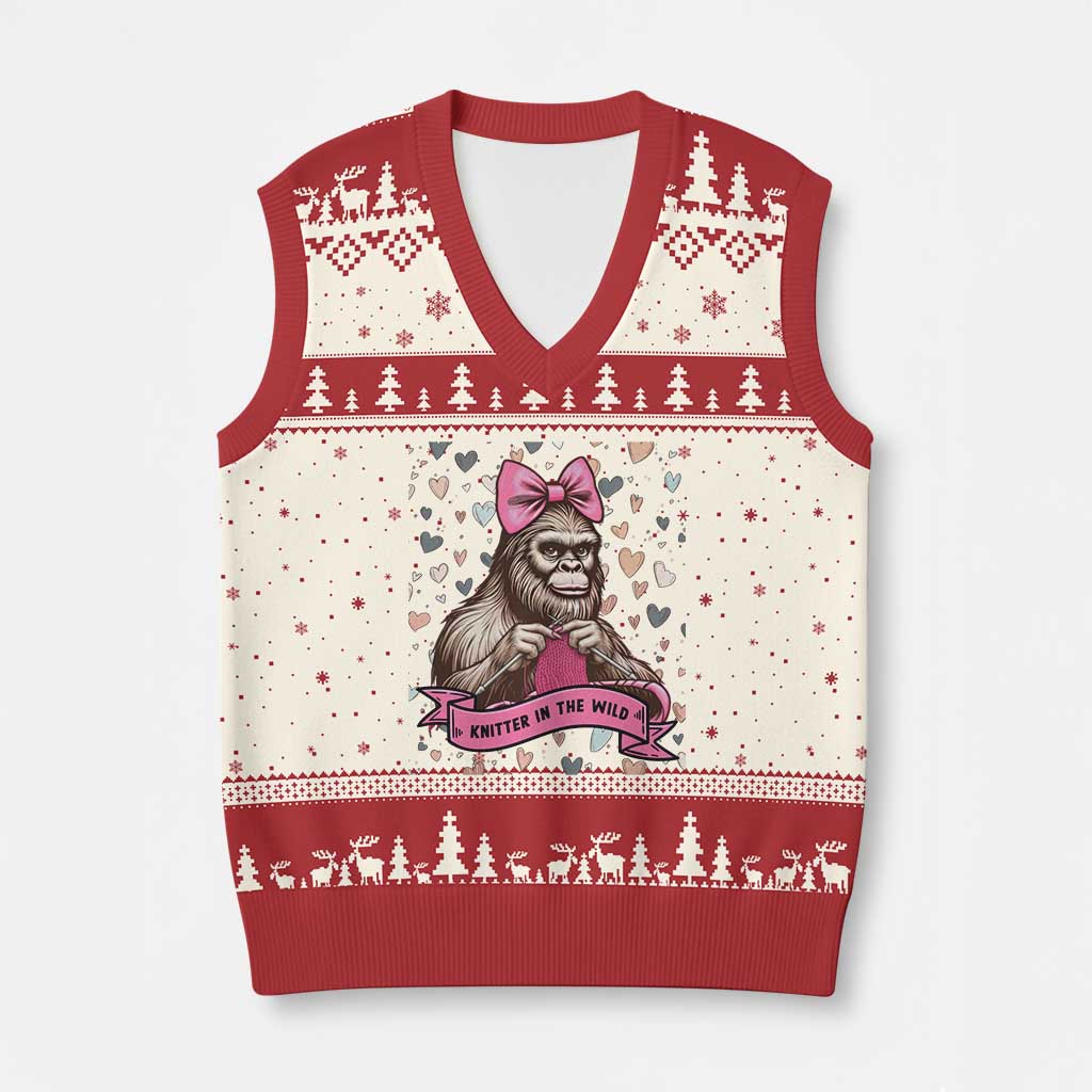 Funny Bigfoot Knitting V-Neck Knit Sweater Vest Knitter In The Wild TS12 Beige Red Print Your Wear