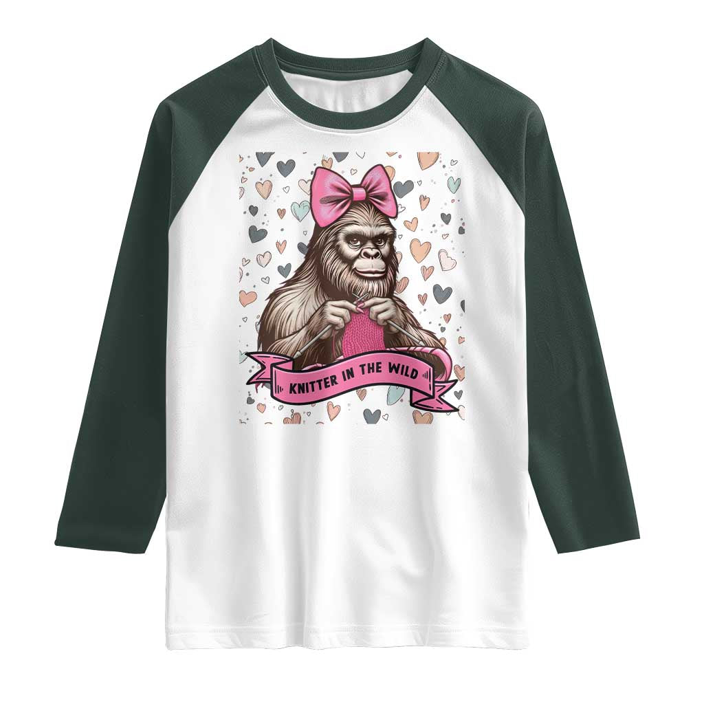 Funny Bigfoot Knitting Raglan Shirt Knitter In The Wild TS12 White Dark Forest Green Print Your Wear