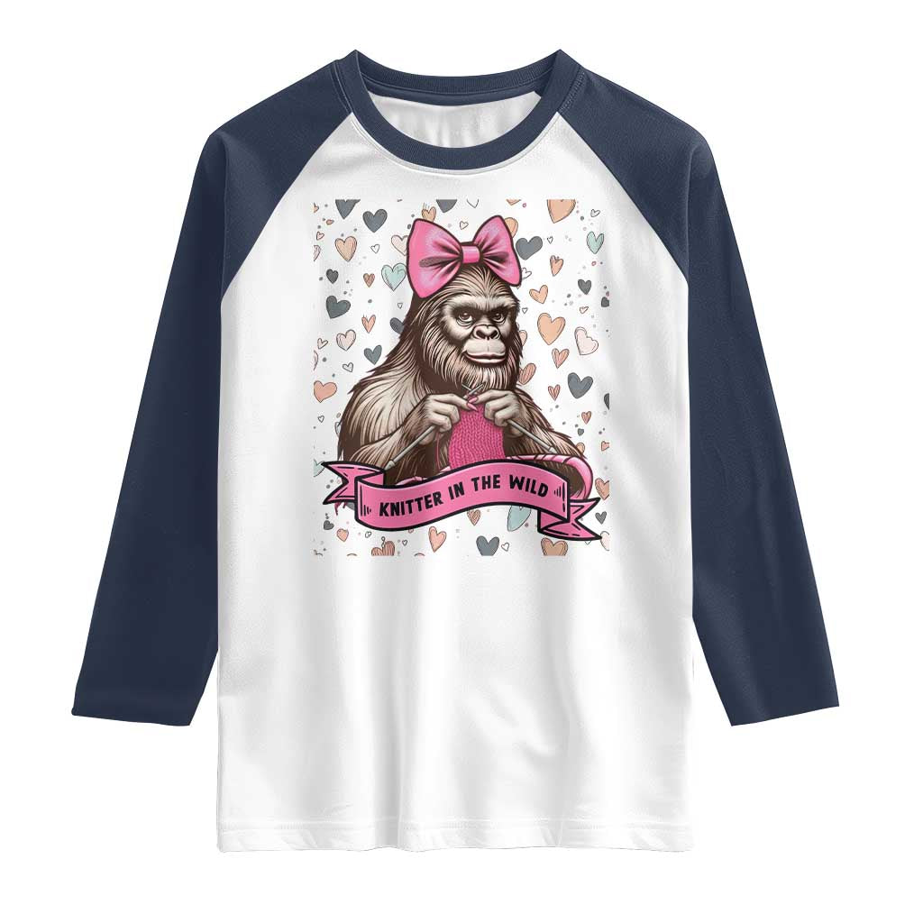 Funny Bigfoot Knitting Raglan Shirt Knitter In The Wild TS12 White Navy Print Your Wear