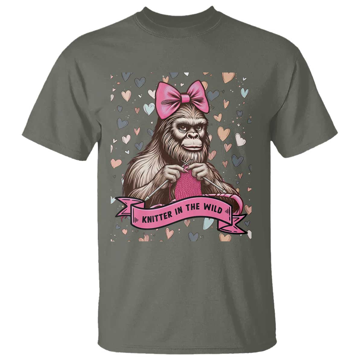 Funny Bigfoot Knitting T Shirt Knitter In The Wild TS12 Military Green Print Your Wear