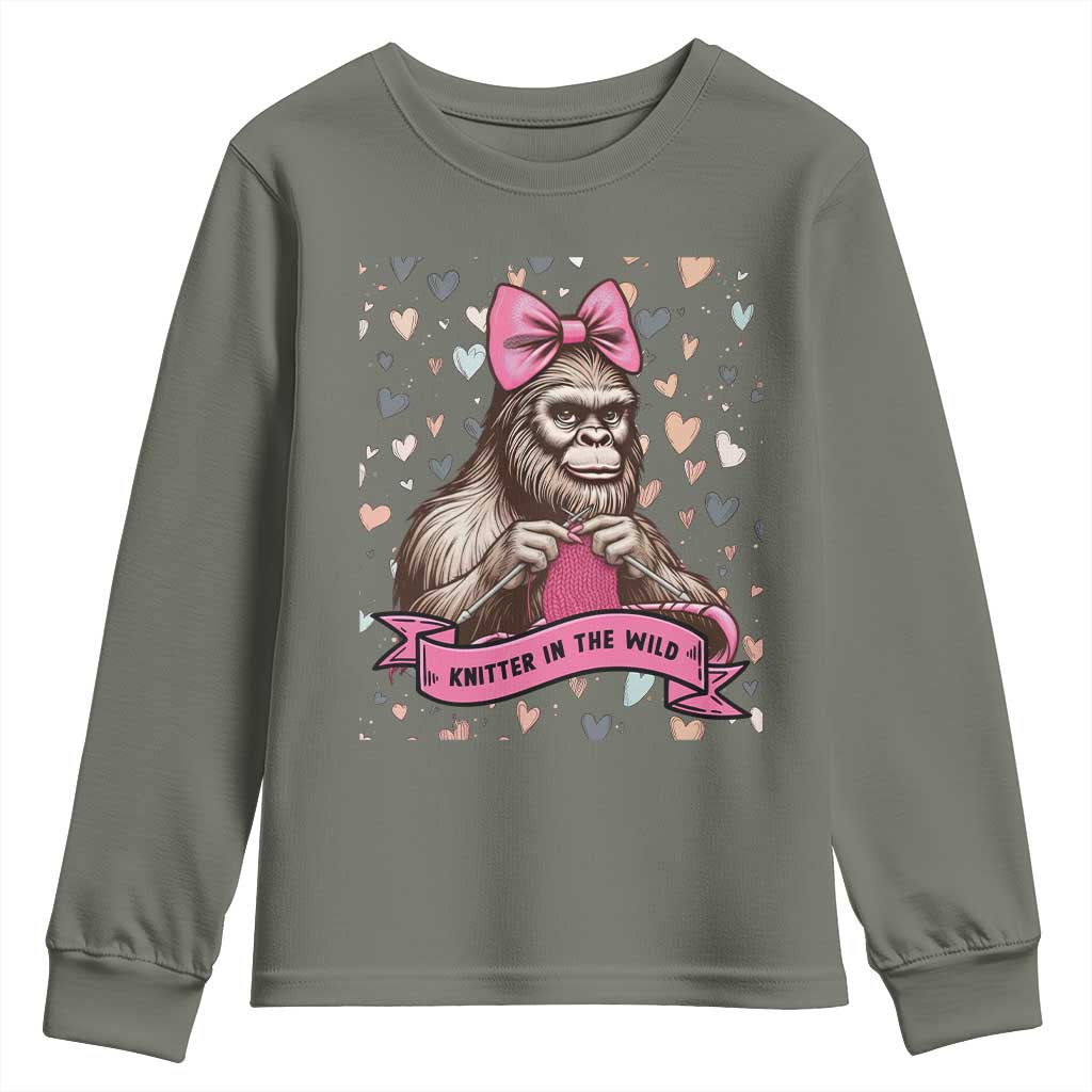 Funny Bigfoot Knitting Youth Sweatshirt Knitter In The Wild TS12 Military Green Print Your Wear