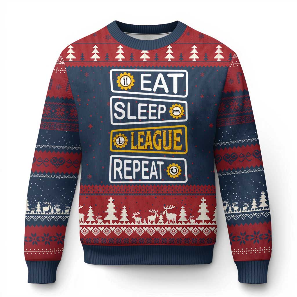 Funny Eat Sleep League Repeat Ugly Christmas Sweater Gaming Quote Gift For Gamer TS12 Navy Red Print Your Wear