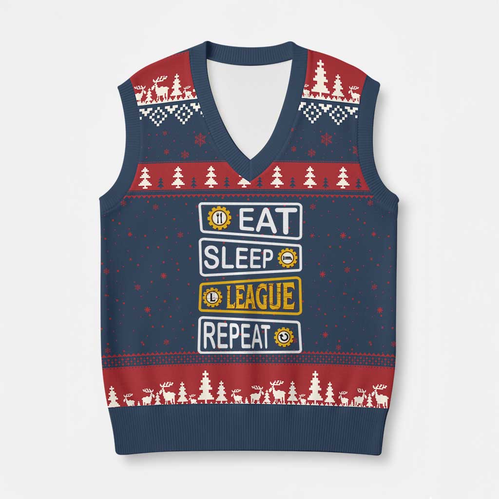 Funny Eat Sleep League Repeat V-Neck Knit Sweater Vest Gaming Quote Gift For Gamer TS12 Navy Red Print Your Wear