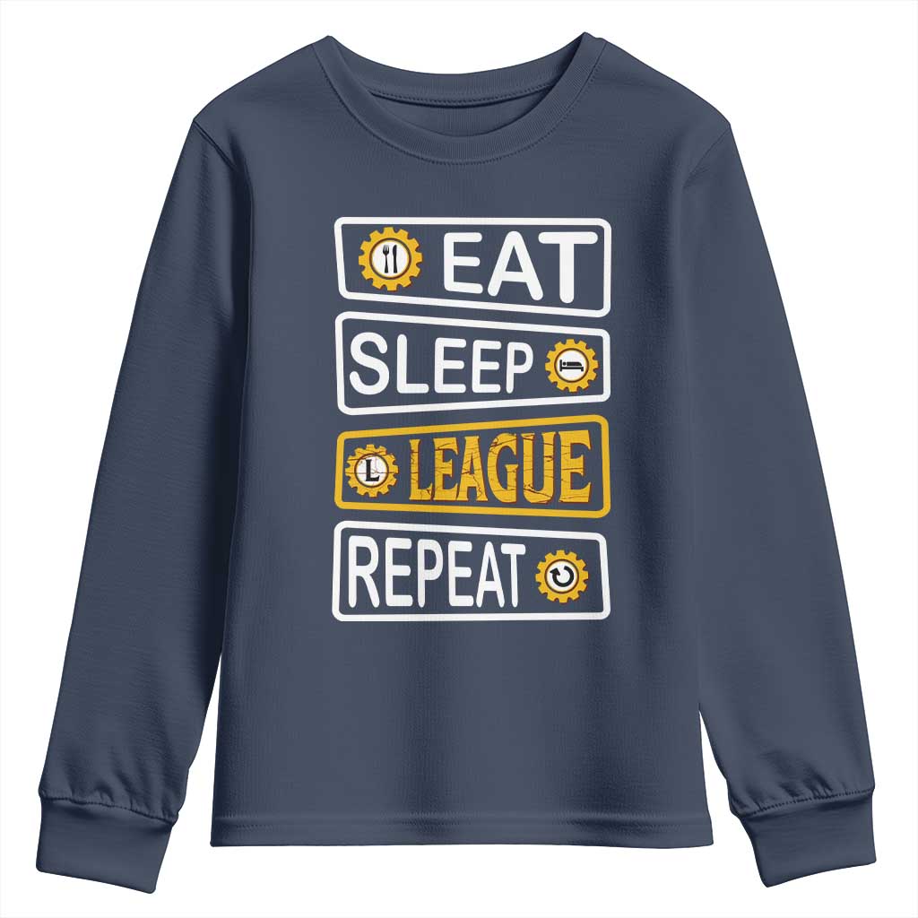 Funny Eat Sleep League Repeat Youth Sweatshirt Gaming Quote Gift For Gamer TS12 Navy Print Your Wear
