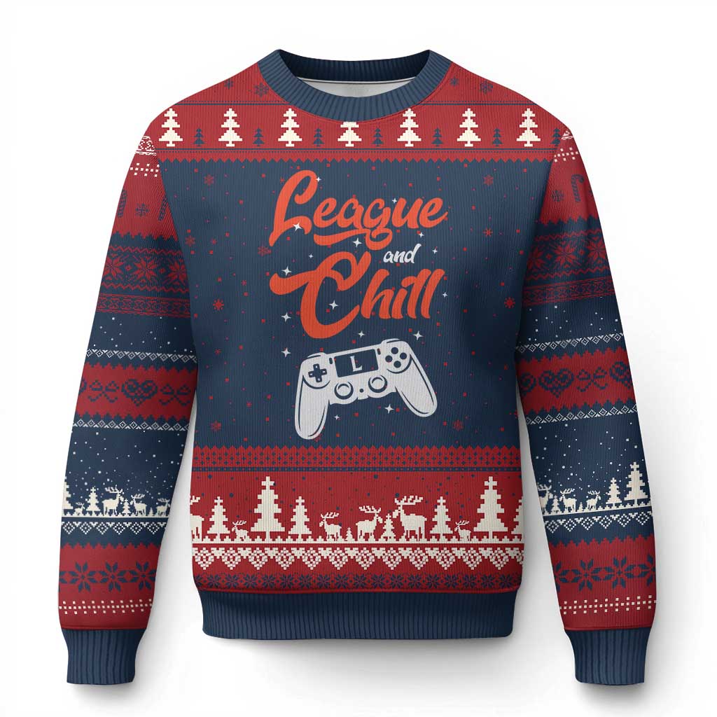 League And Chill Ugly Christmas Sweater Funny Gaming Quote Gift For Gamer TS12 Navy Red Print Your Wear