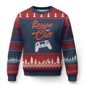 League And Chill Ugly Christmas Sweater Funny Gaming Quote Gift For Gamer TS12 Navy Red Print Your Wear