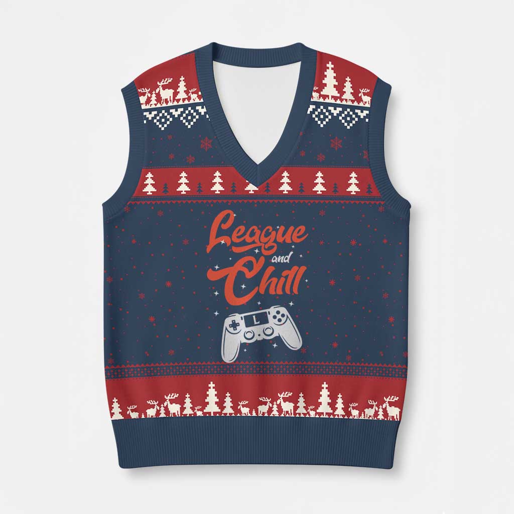 League And Chill V-Neck Knit Sweater Vest Funny Gaming Quote Gift For Gamer TS12 Navy Red Print Your Wear