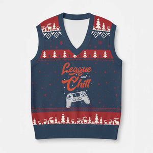 League And Chill V-Neck Knit Sweater Vest Funny Gaming Quote Gift For Gamer TS12 Navy Red Print Your Wear