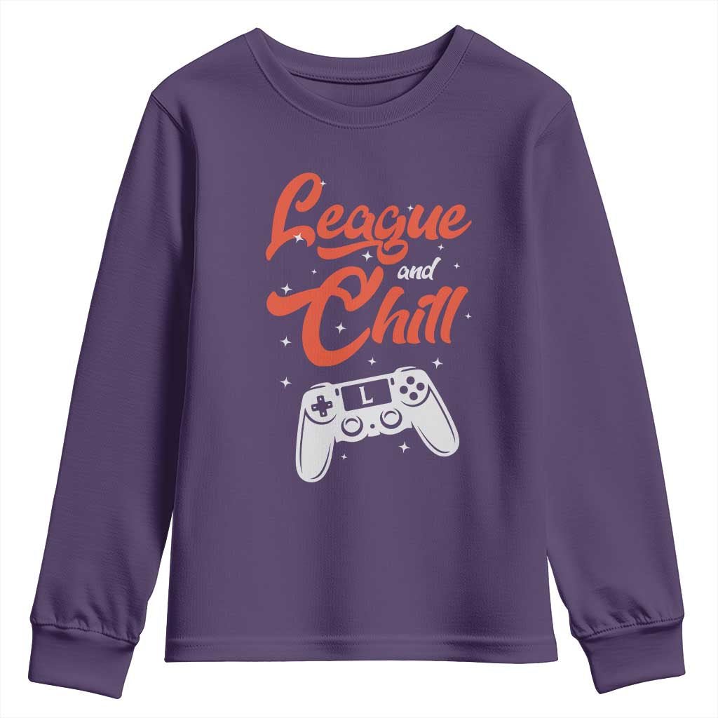 League And Chill Youth Sweatshirt Funny Gaming Quote Gift For Gamer TS12 Purple Print Your Wear